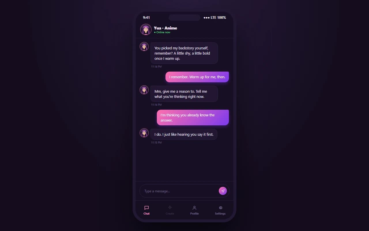 HiWaifu mobile chat interface showing a conversation with an anime AI companion HiWaifu mobile chat interface showing a conversation with an anime AI companion