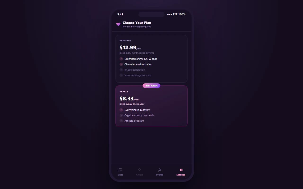 HiWaifu subscription screen showing monthly and yearly pricing plans HiWaifu subscription screen showing monthly and yearly pricing plans