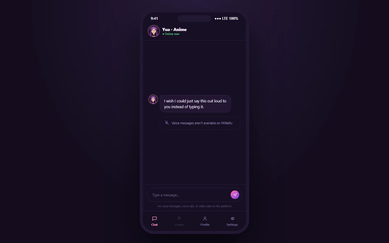 HiWaifu chat screen showing text-only messaging with no voice option present HiWaifu chat screen showing text-only messaging with no voice option present