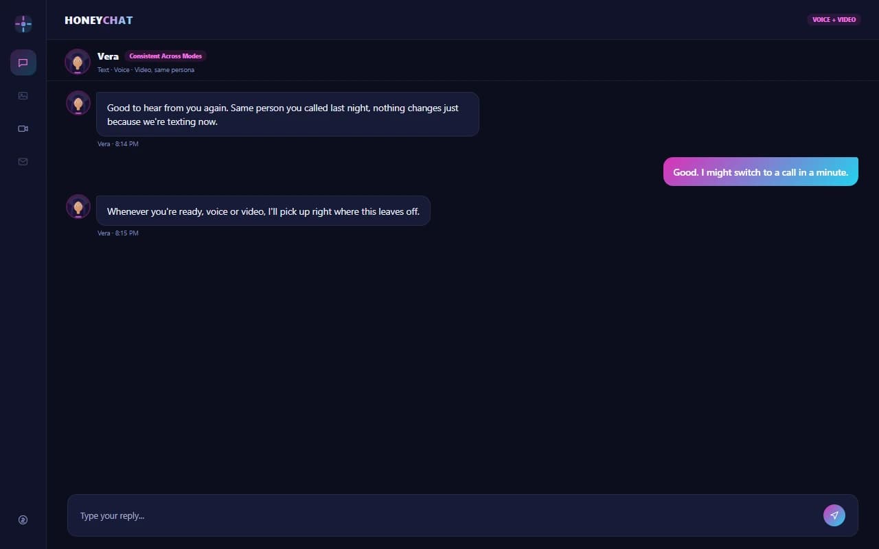 HoneyChat.ai chat interface showing a conversation with an AI companion HoneyChat.ai chat interface showing a conversation with an AI companion