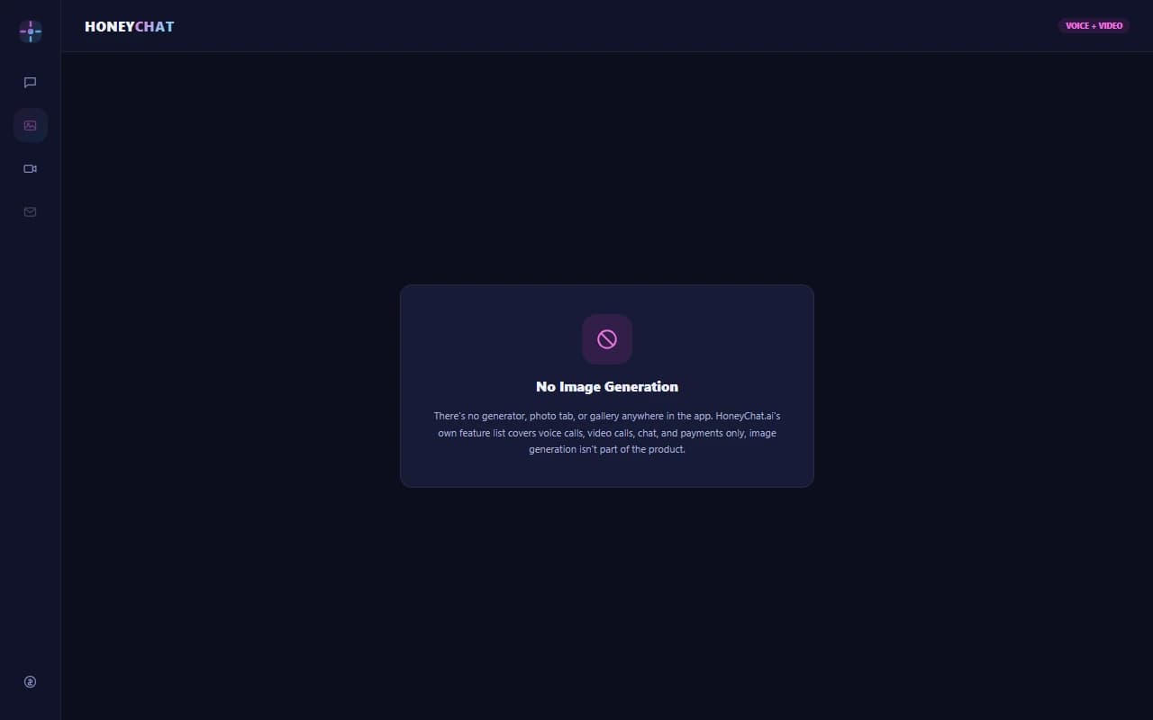 HoneyChat.ai generate screen showing no image generation feature is available HoneyChat.ai generate screen showing no image generation feature is available