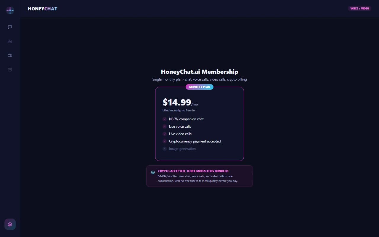 HoneyChat.ai pricing page showing the single monthly plan with cryptocurrency payment accepted HoneyChat.ai pricing page showing the single monthly plan with cryptocurrency payment accepted