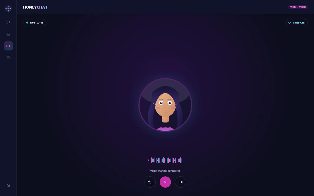 HoneyChat.ai video call screen showing a live voice and video call in progress with an AI companion HoneyChat.ai video call screen showing a live voice and video call in progress with an AI companion