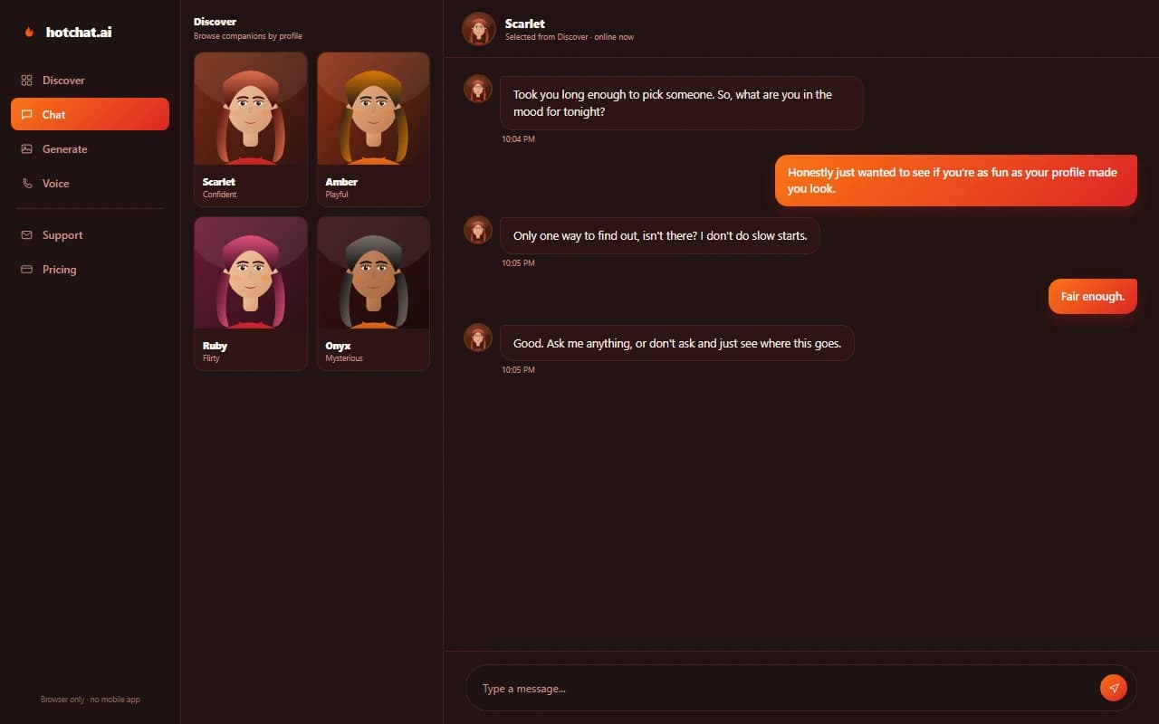 HotChat.AI character browsing grid alongside an active chat conversation HotChat.AI character browsing grid alongside an active chat conversation