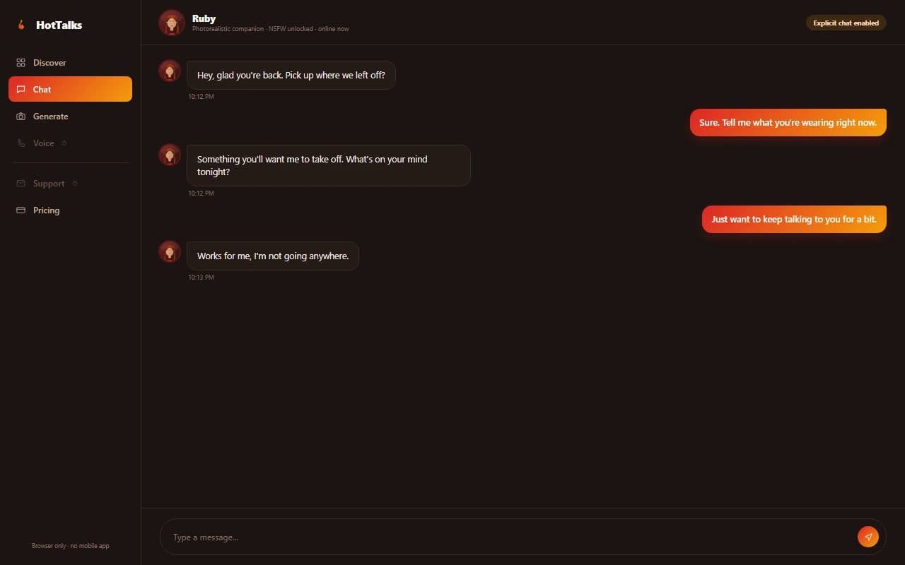 HotTalks.ai chat interface showing an explicit conversation with a photorealistic AI companion HotTalks.ai chat interface showing an explicit conversation with a photorealistic AI companion