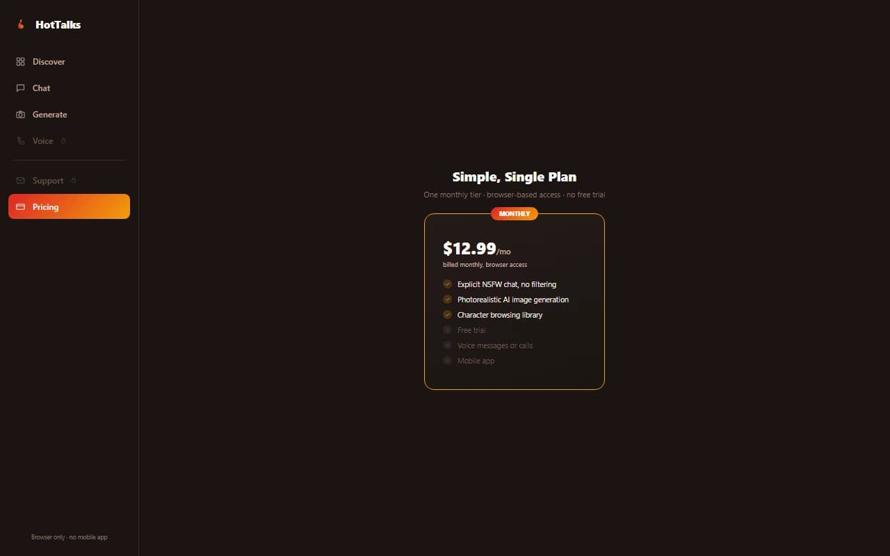 HotTalks.ai pricing page showing the $12.99 per month plan HotTalks.ai pricing page showing the $12.99 per month plan