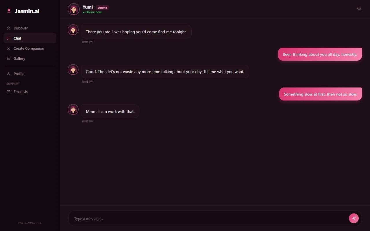 Jasmin.ai chat interface showing an NSFW conversation with an AI companion Jasmin.ai chat interface showing an NSFW conversation with an AI companion
