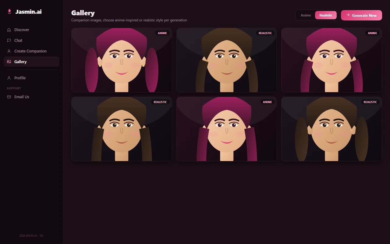 Jasmin.ai image generation results showing anime and realistic style companion portraits Jasmin.ai image generation results showing anime and realistic style companion portraits