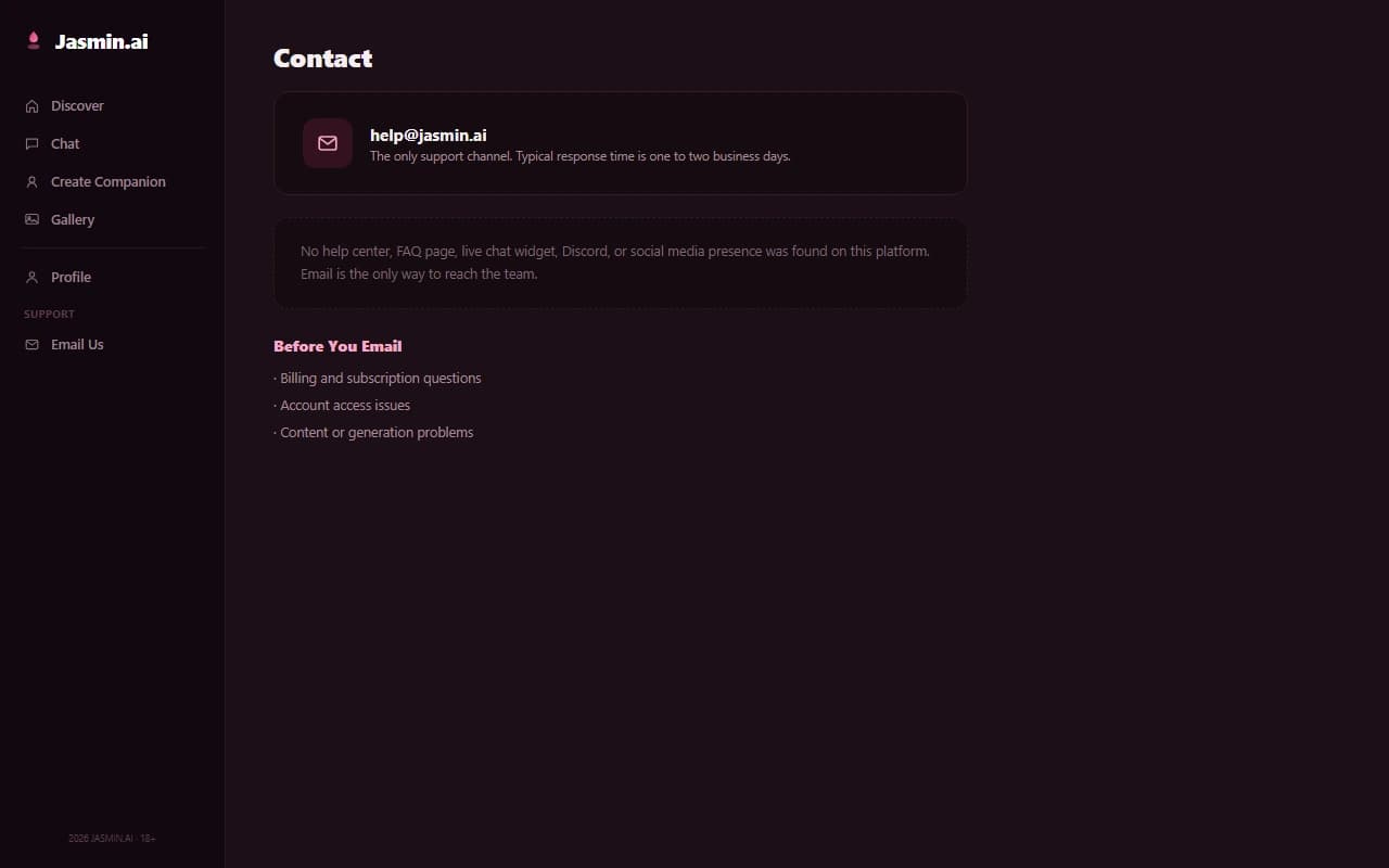 Jasmin.ai support screen showing email as the only contact channel Jasmin.ai support screen showing email as the only contact channel