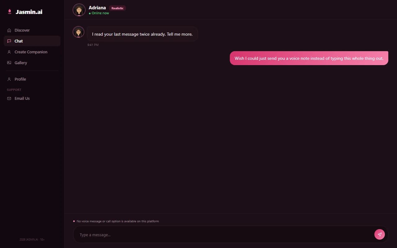 Jasmin.ai chat screen showing no voice message or call option available Jasmin.ai chat screen showing no voice message or call option available