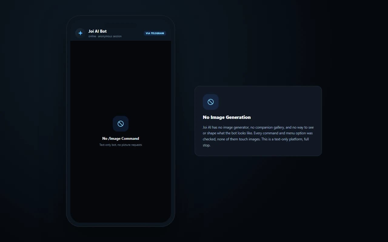 Joi AI Telegram bot screen showing no image generation feature available Joi AI Telegram bot screen showing no image generation feature available