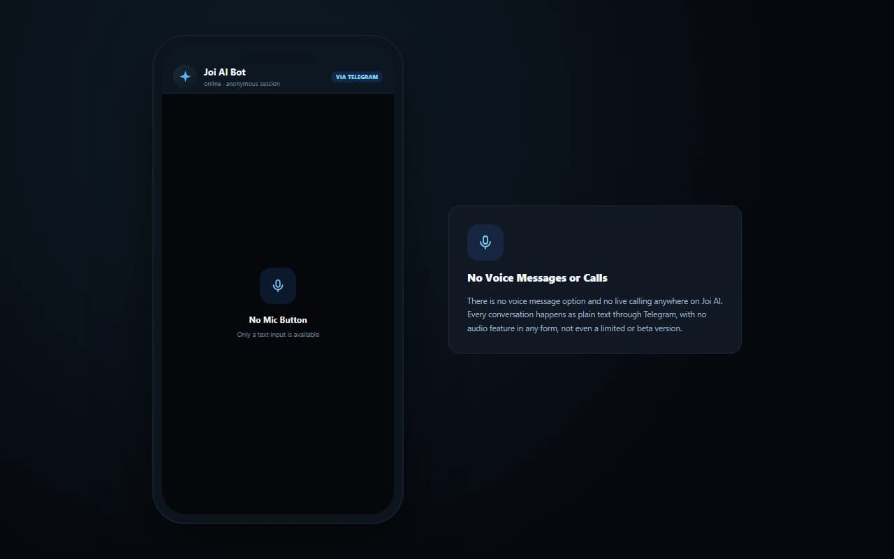 Joi AI Telegram bot screen showing no voice messages or live calling available Joi AI Telegram bot screen showing no voice messages or live calling available