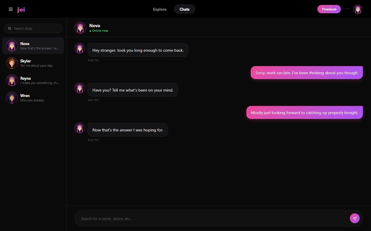 JOI chat interface showing a conversation with an AI companion JOI chat interface showing a conversation with an AI companion