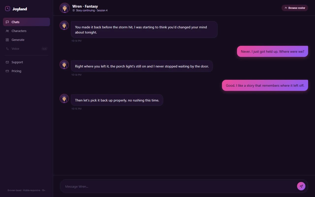 Joyland chat interface showing a roleplay conversation with an AI character Joyland chat interface showing a roleplay conversation with an AI character