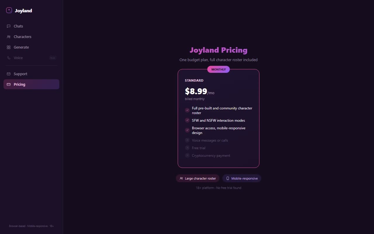 Joyland pricing page showing the single $8.99 per month plan Joyland pricing page showing the single $8.99 per month plan