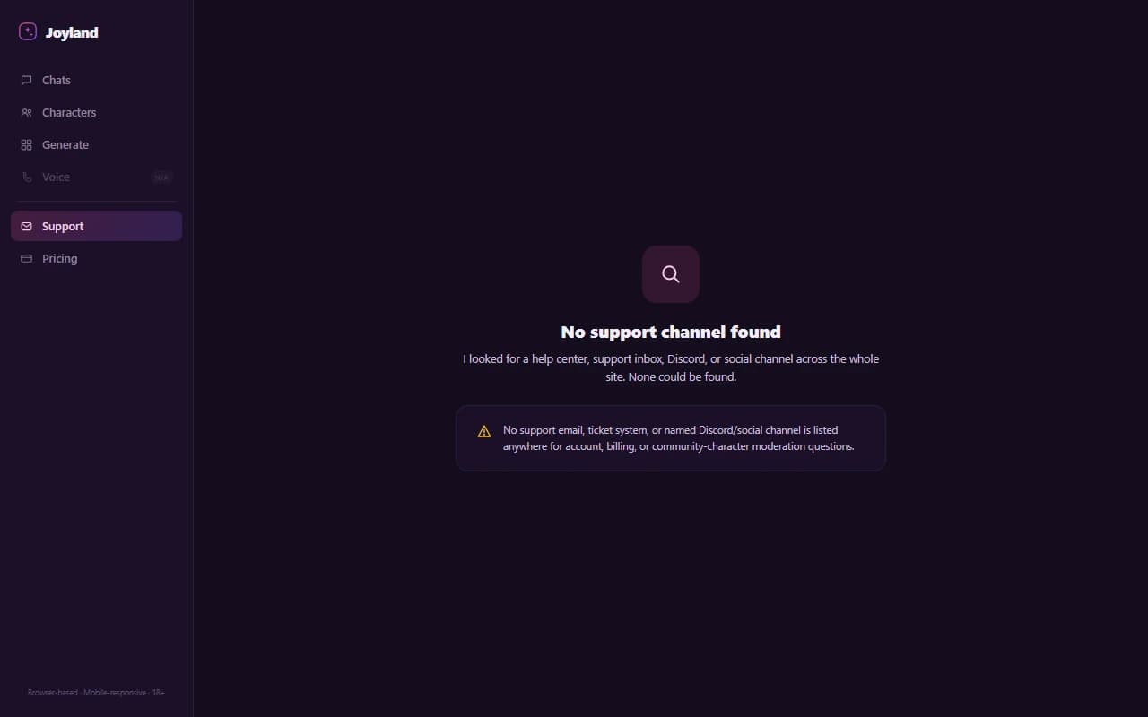 Joyland support screen showing no support email, live chat, or community channel could be found Joyland support screen showing no support email, live chat, or community channel could be found