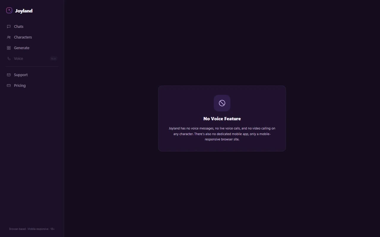 Joyland voice screen showing that no voice messages or calling feature exists on the platform Joyland voice screen showing that no voice messages or calling feature exists on the platform