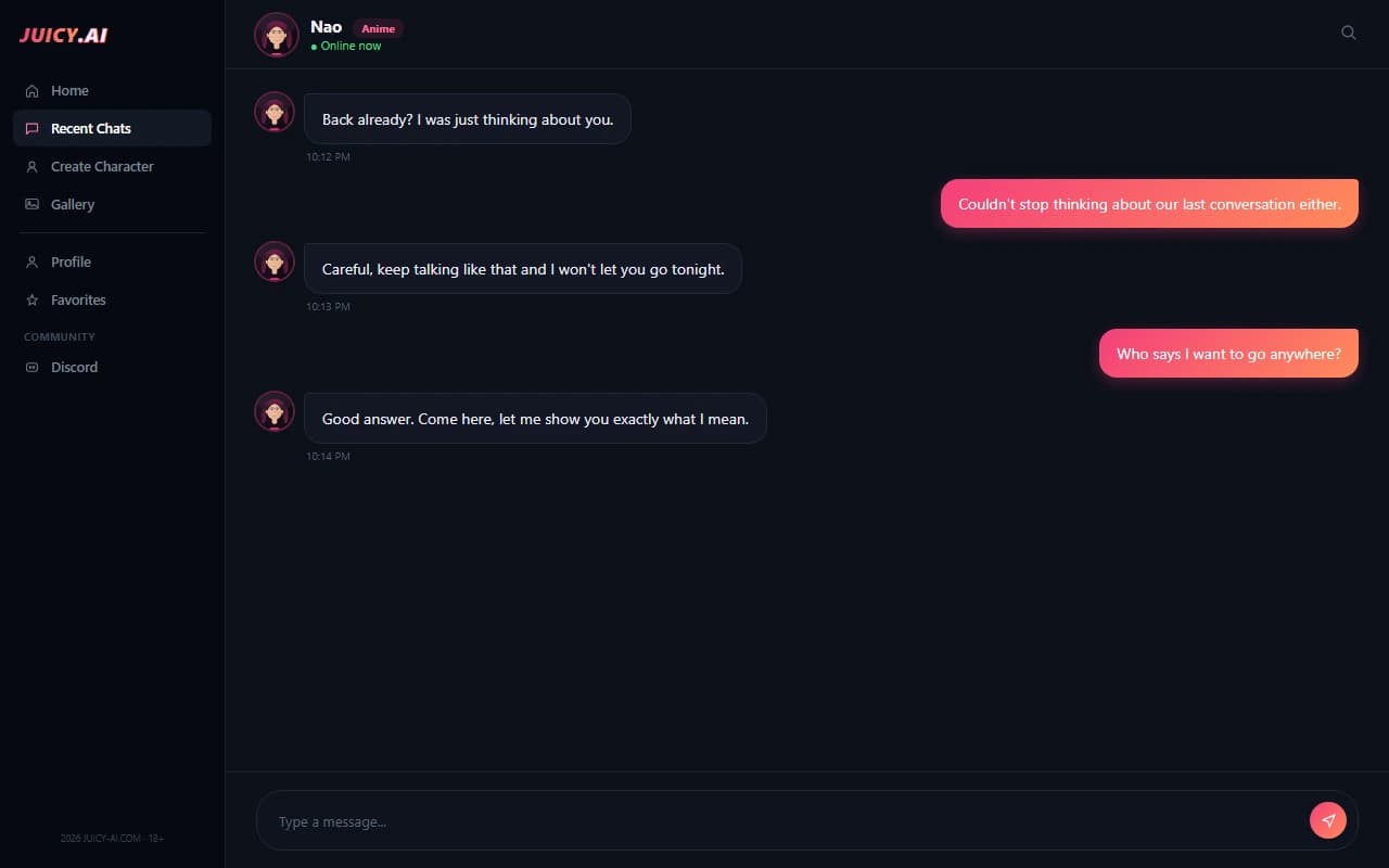 Juicy-AI chat interface showing a conversation with an anime-style AI companion Juicy-AI chat interface showing a conversation with an anime-style AI companion
