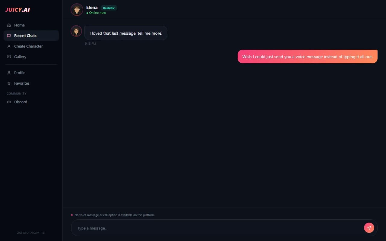 Juicy-AI chat screen showing no voice message option available Juicy-AI chat screen showing no voice message option available