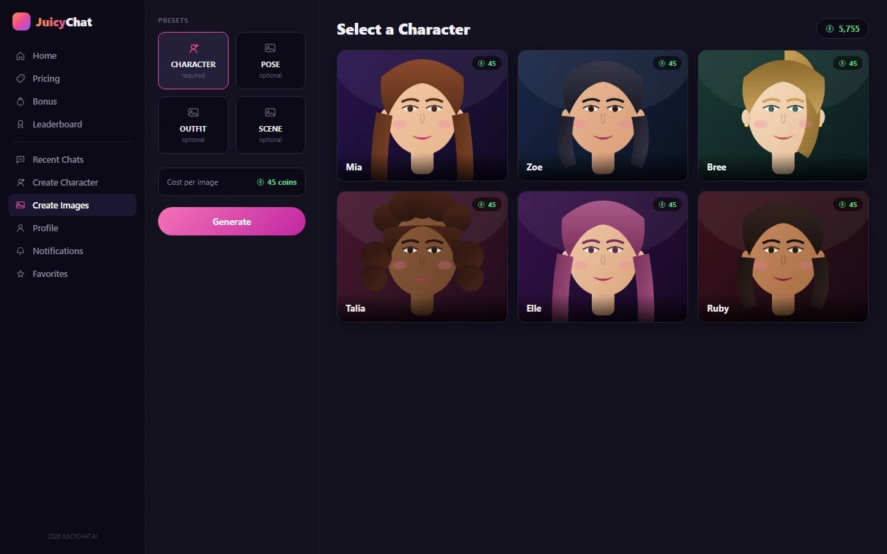 JuicyChat AI image generation screen with character presets and generated results JuicyChat AI image generation screen with character presets and generated results