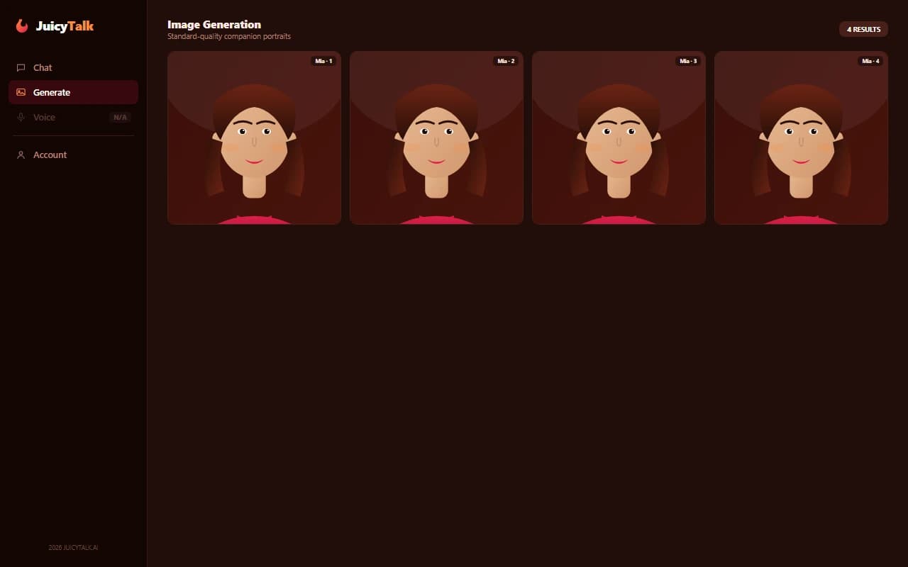 JuicyTalk interface showing generated companion images JuicyTalk interface showing generated companion images