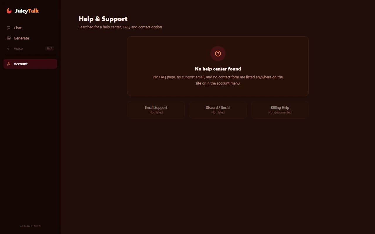 JuicyTalk interface showing no support contact channel found JuicyTalk interface showing no support contact channel found