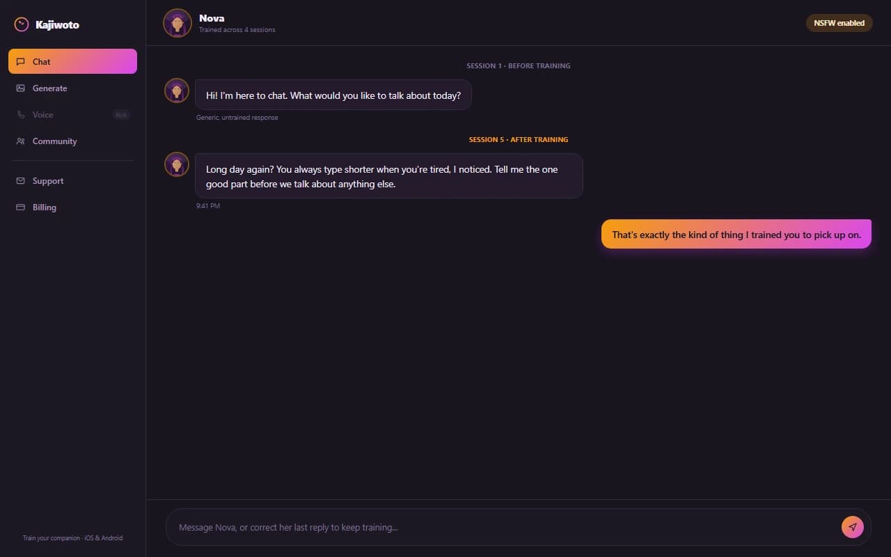 Kajiwoto chat interface showing a conversation with a user-trained AI companion Kajiwoto chat interface showing a conversation with a user-trained AI companion