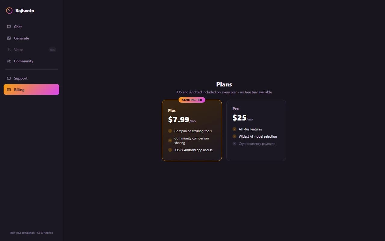 Kajiwoto pricing page showing the Plus and Pro subscription tiers Kajiwoto pricing page showing the Plus and Pro subscription tiers
