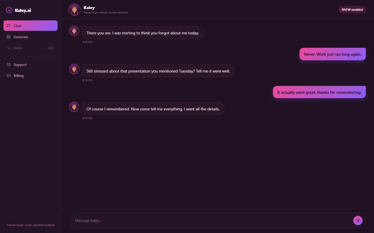 Kaley.ai chat interface showing a warm, flirtatious conversation with cross-session memory Kaley.ai chat interface showing a warm, flirtatious conversation with cross-session memory