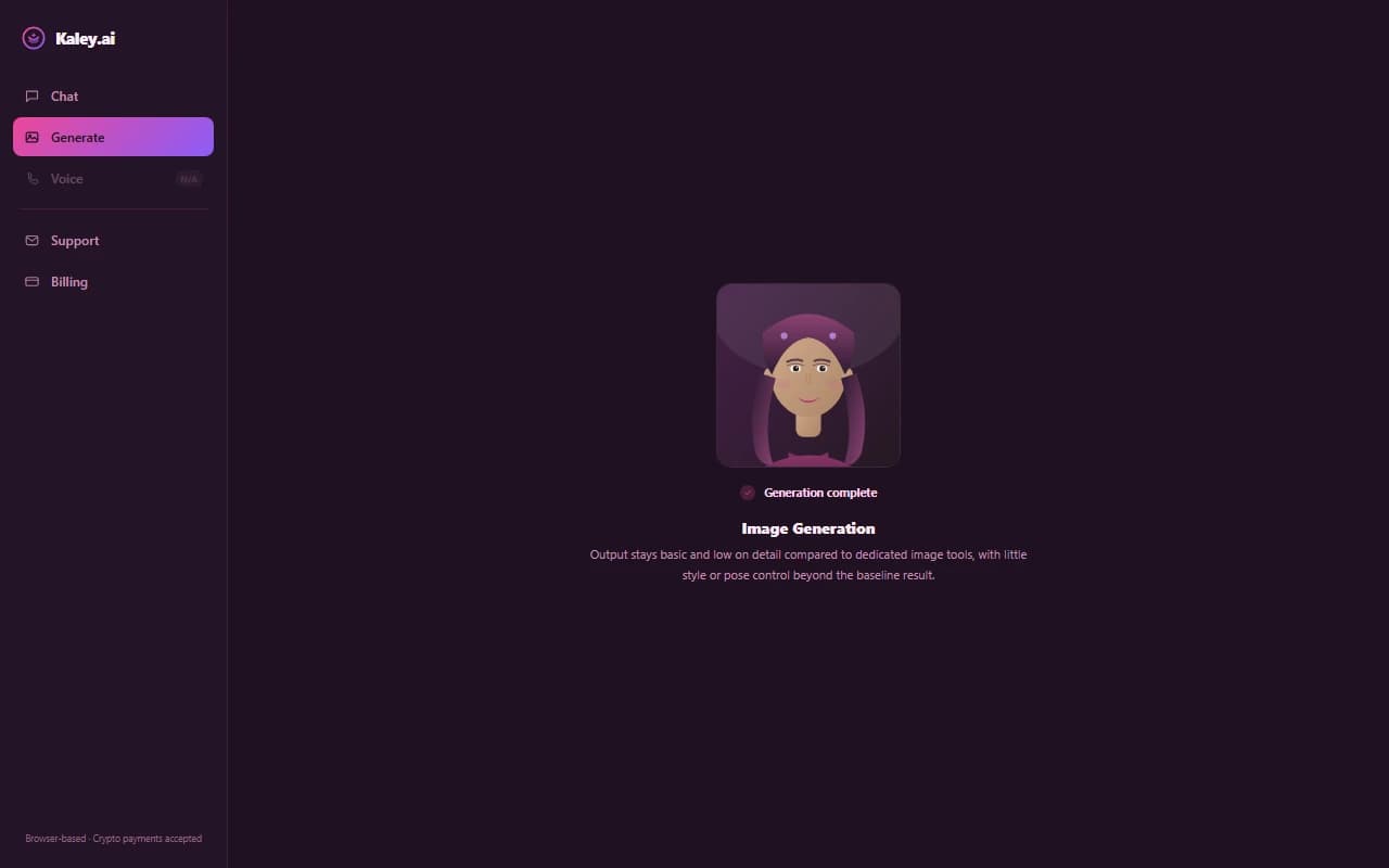 Kaley.ai generate screen showing a basic image generation result Kaley.ai generate screen showing a basic image generation result