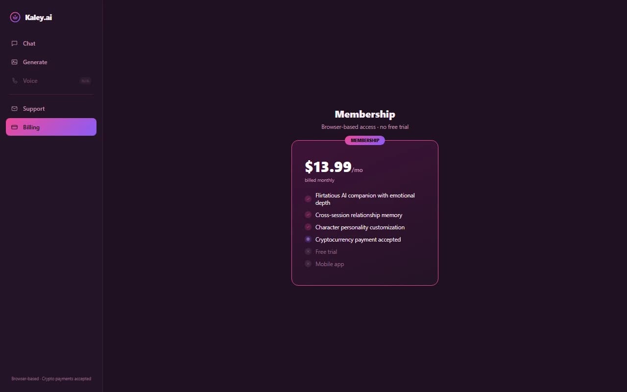 Kaley.ai pricing page showing the single $13.99 per month membership tier with cryptocurrency payment support Kaley.ai pricing page showing the single $13.99 per month membership tier with cryptocurrency payment support