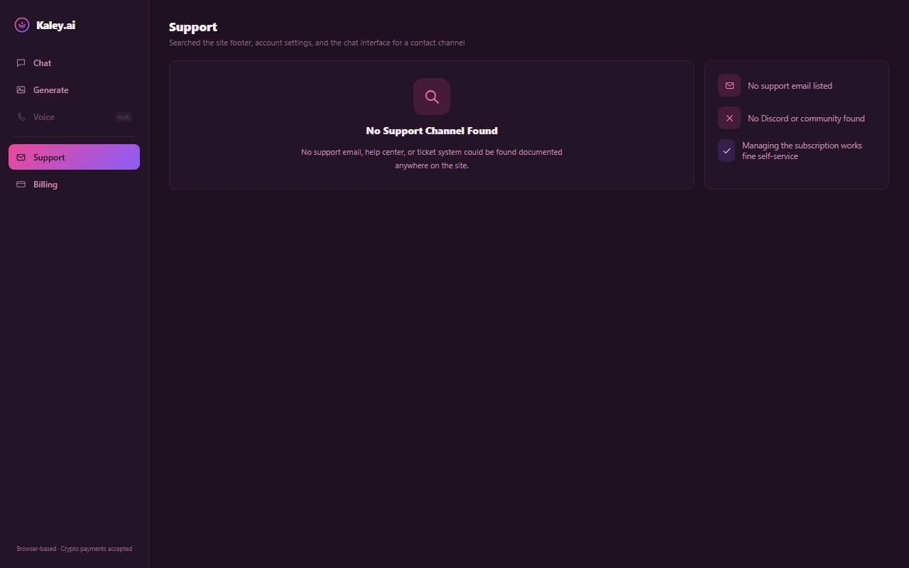 Kaley.ai support screen showing no support email, help center, or community channel could be found Kaley.ai support screen showing no support email, help center, or community channel could be found