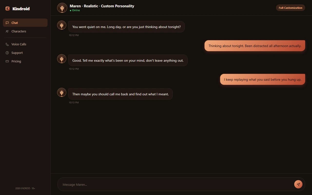 Kindroid chat interface showing a flirty NSFW conversation with an AI companion Kindroid chat interface showing a flirty NSFW conversation with an AI companion