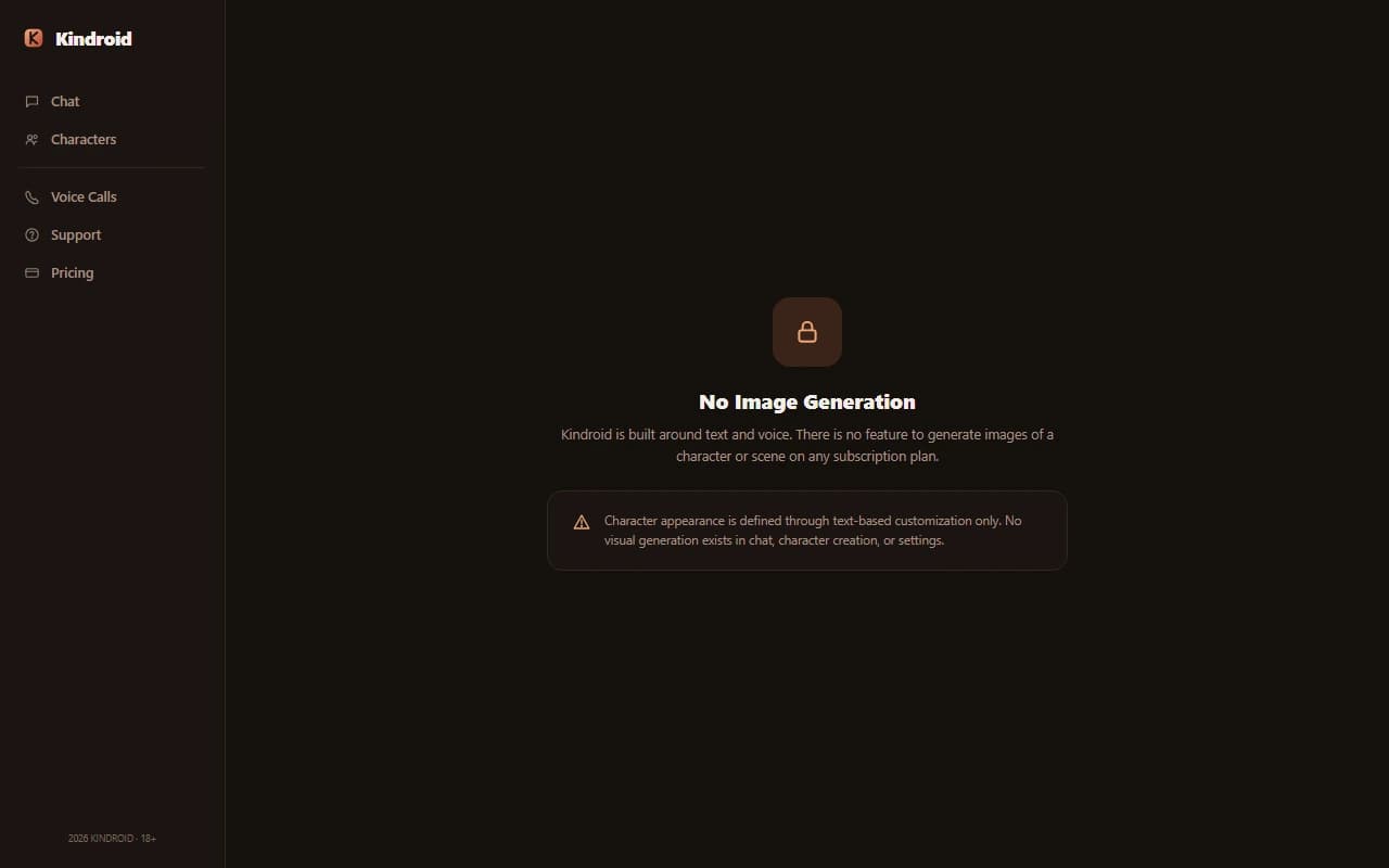Kindroid interface showing no image generation option available in the app Kindroid interface showing no image generation option available in the app
