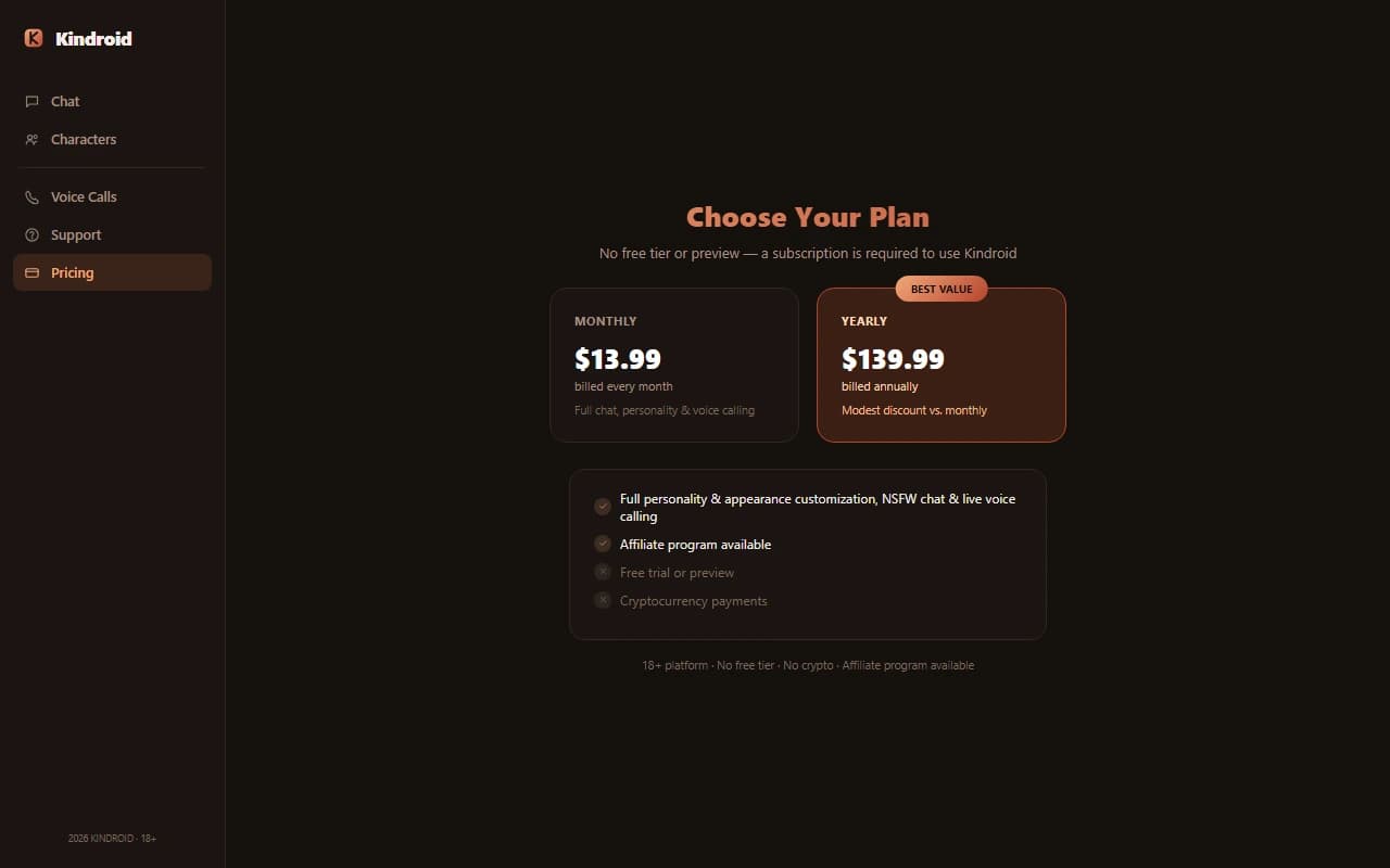 Kindroid pricing page showing monthly and yearly subscription plans Kindroid pricing page showing monthly and yearly subscription plans