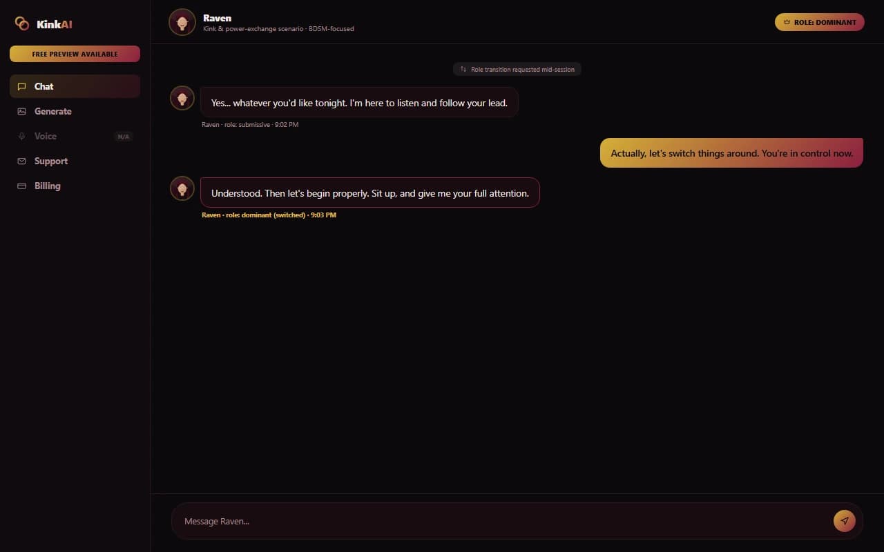 KinkAI dominant and submissive roleplay chat interface KinkAI dominant and submissive roleplay chat interface