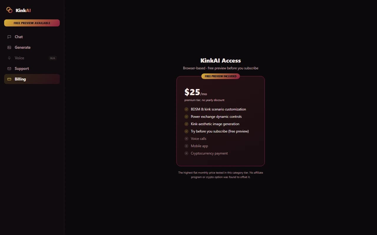 KinkAI $25 per month pricing plan with free preview KinkAI $25 per month pricing plan with free preview
