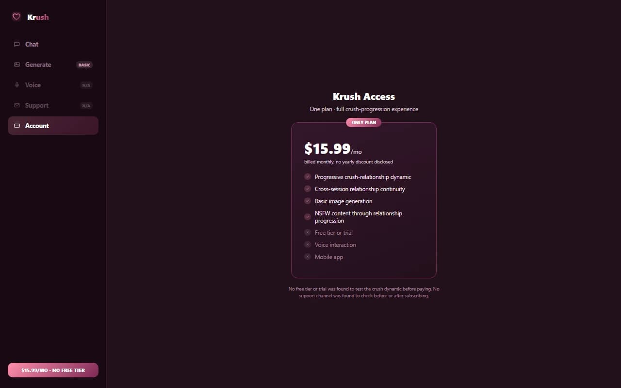 Krush pricing plan showing the free tier alongside monthly and annual subscription options Krush pricing plan showing the free tier alongside monthly and annual subscription options