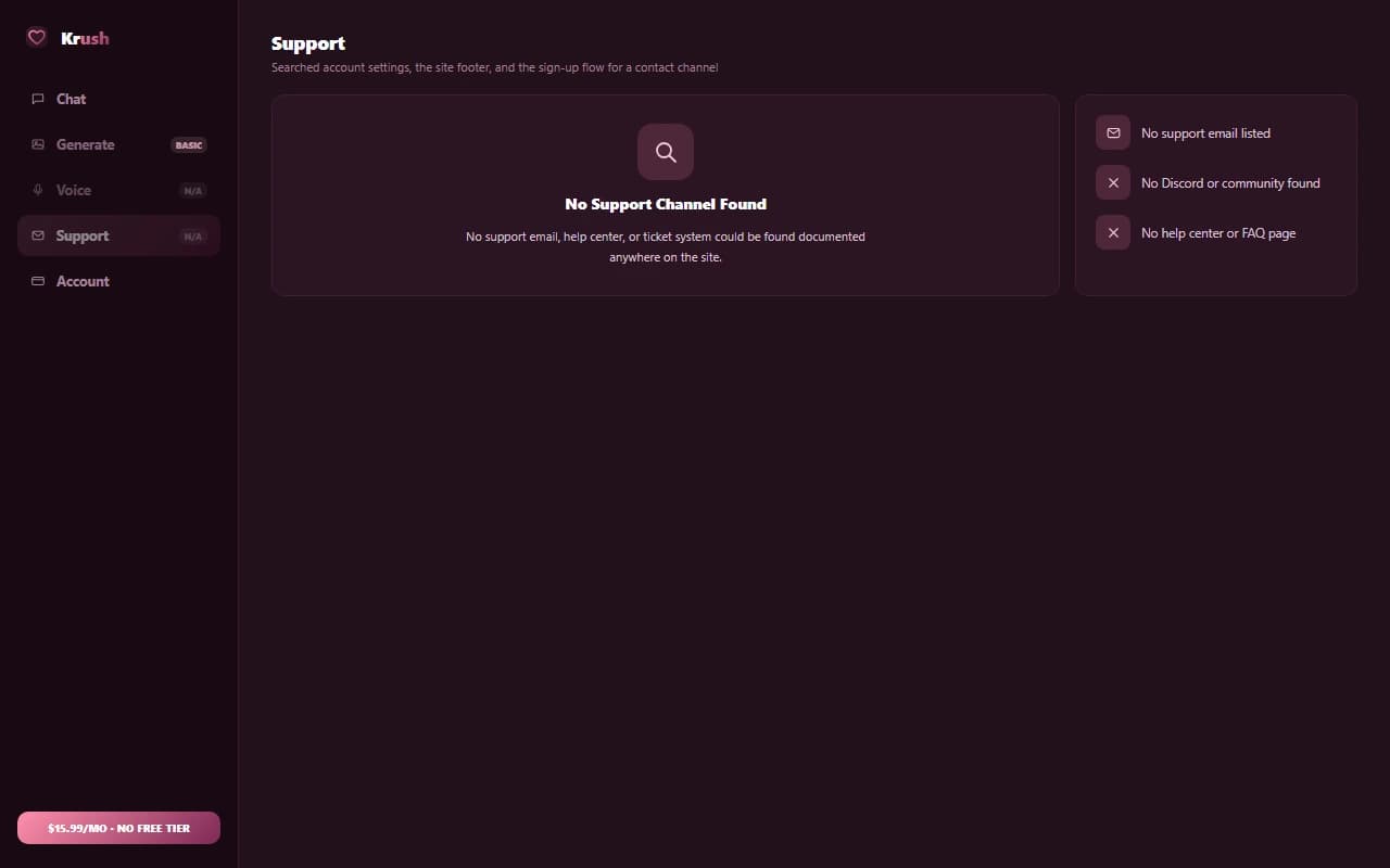 Krush account page with no support channel listed Krush account page with no support channel listed
