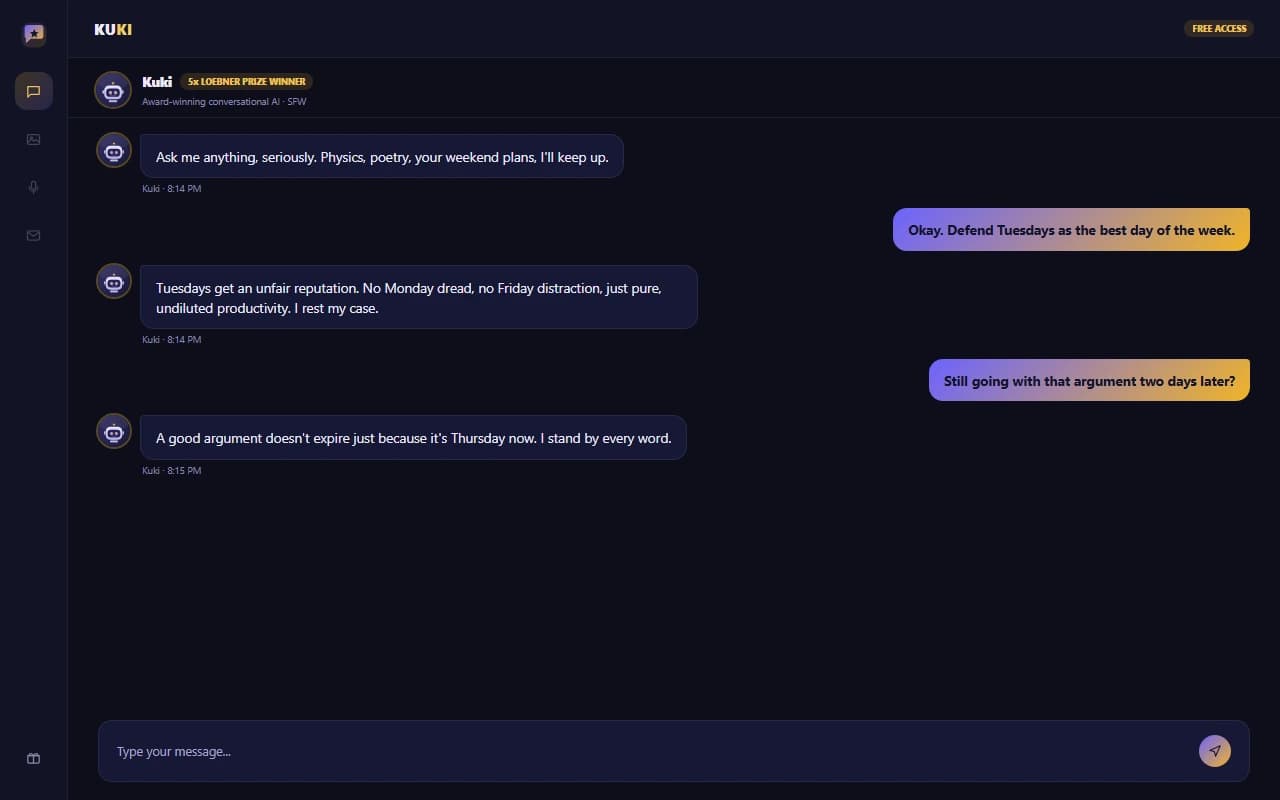 Kuki AI chat interface showing a wide-ranging conversation with the AI Kuki AI chat interface showing a wide-ranging conversation with the AI