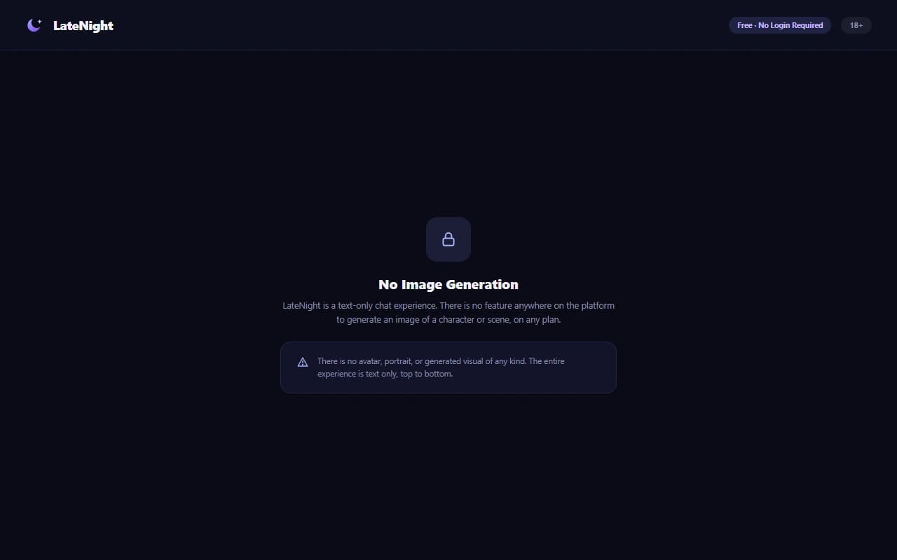 LateNight interface showing no image generation option available LateNight interface showing no image generation option available
