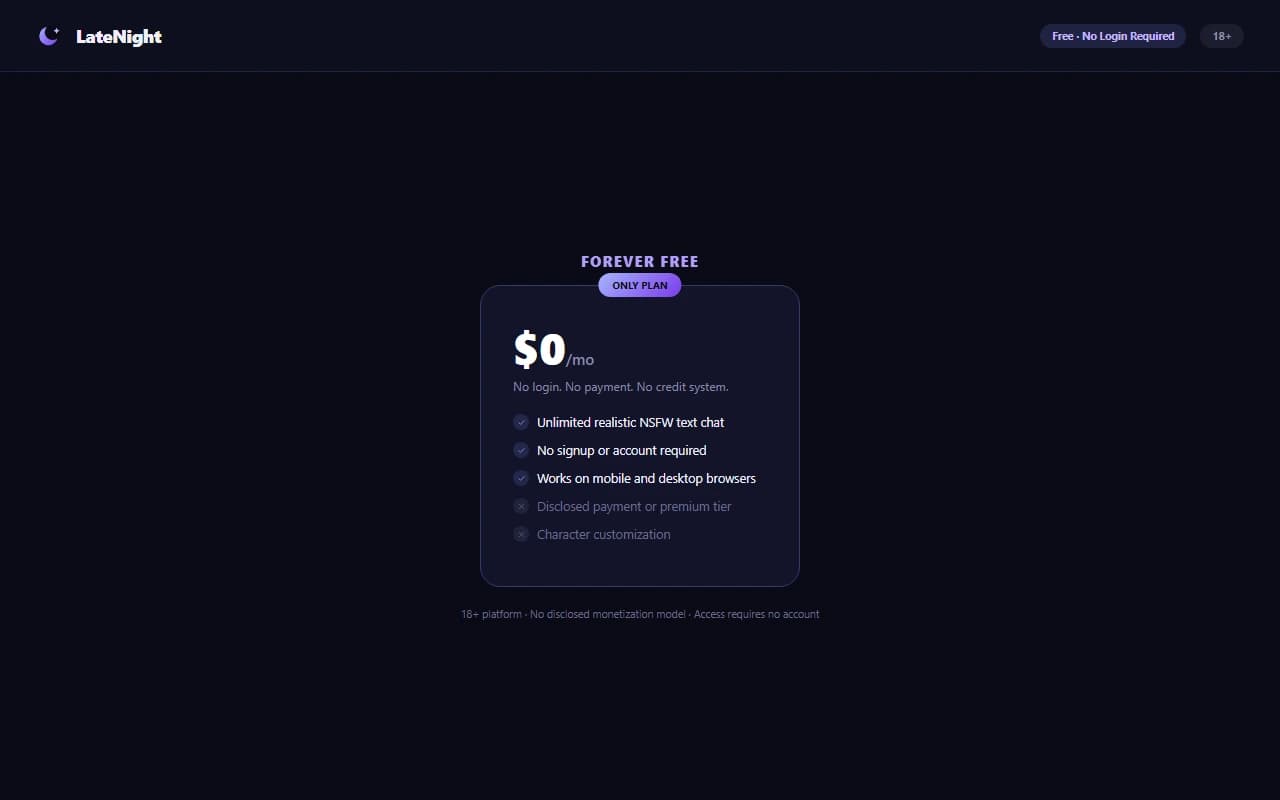 LateNight pricing page showing free, no-login access LateNight pricing page showing free, no-login access