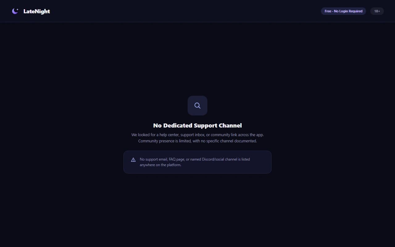 LateNight help and support page showing limited contact options LateNight help and support page showing limited contact options