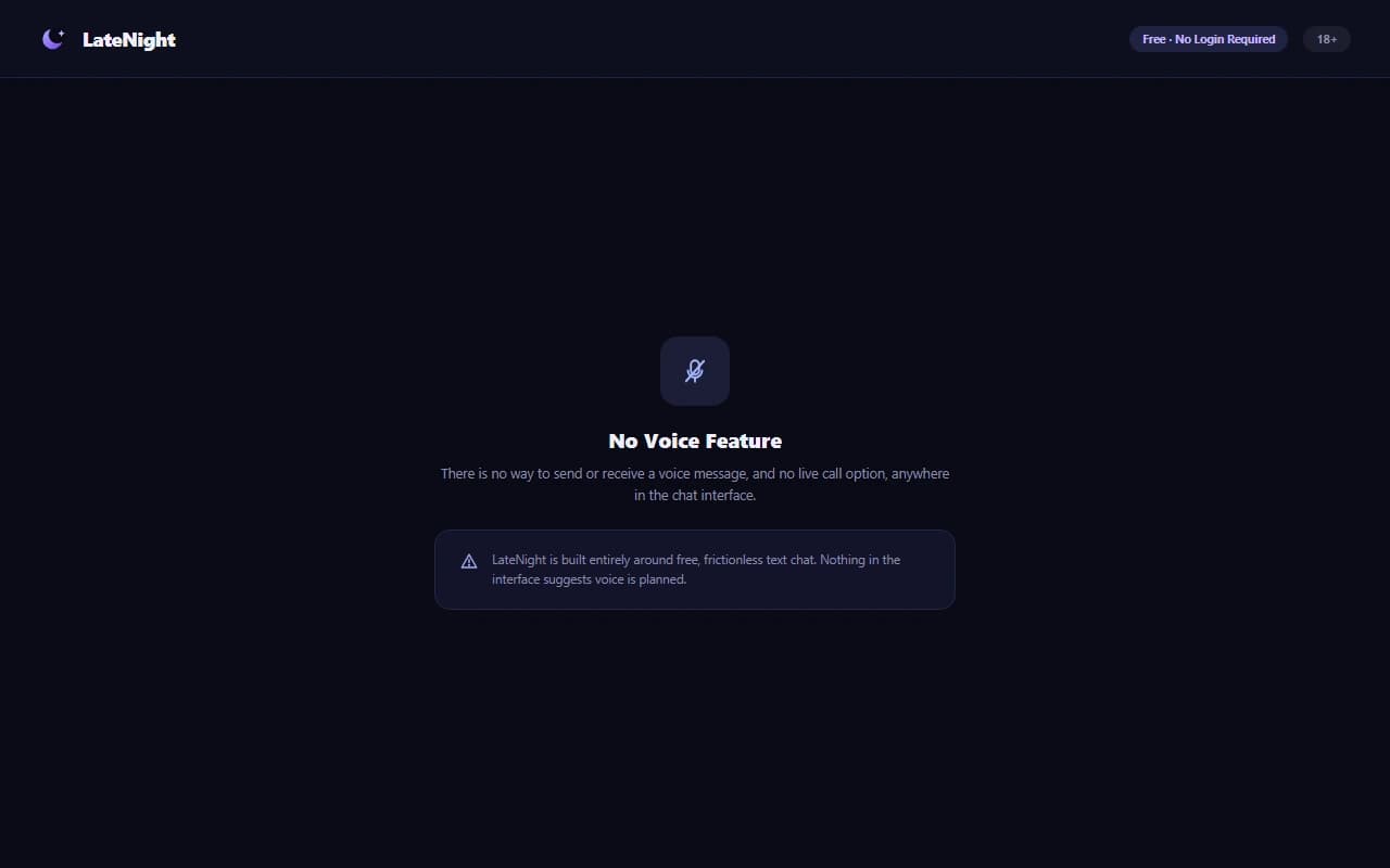 LateNight chat screen showing no voice message option available LateNight chat screen showing no voice message option available