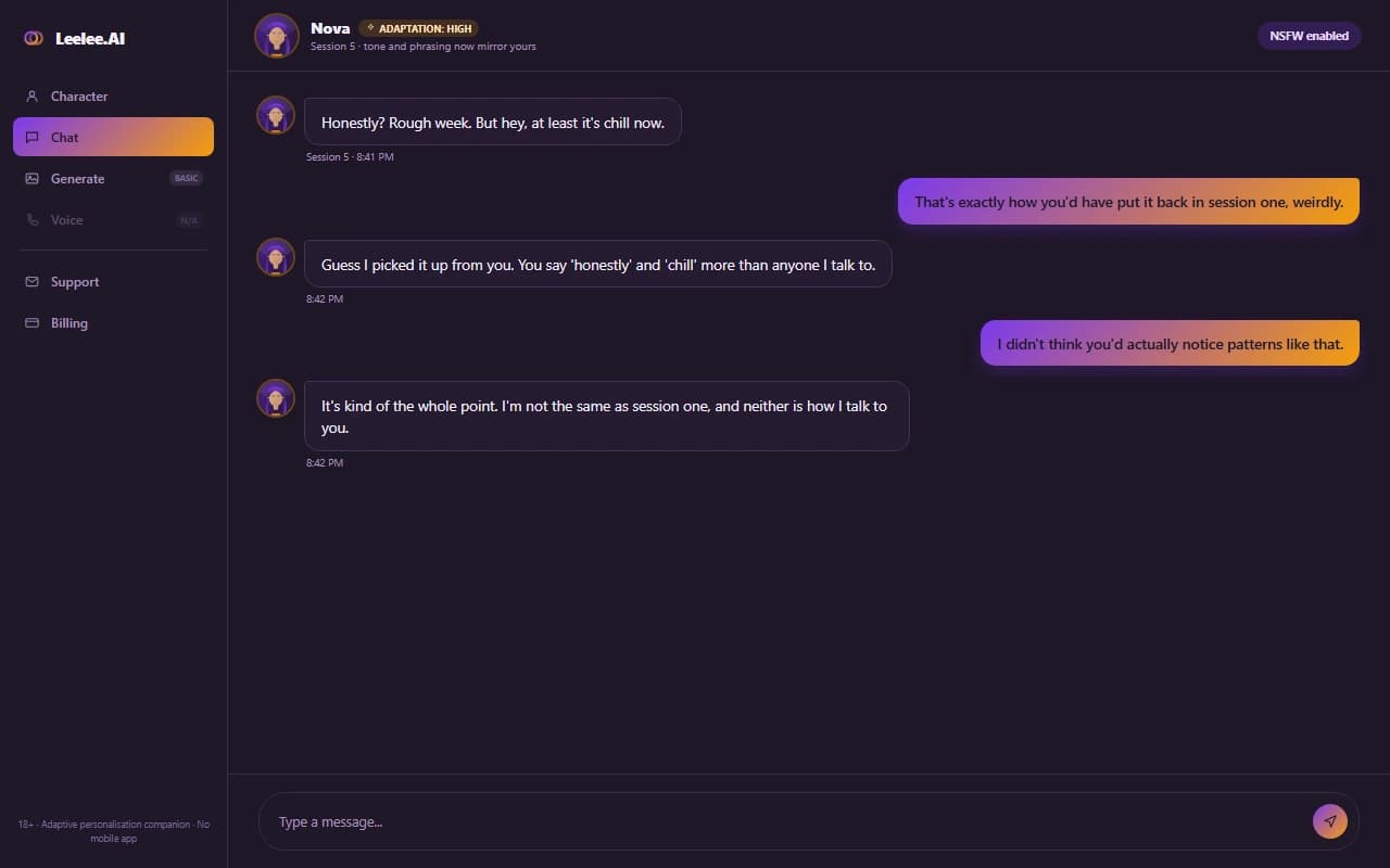 Leelee.AI chat interface showing a multi-session conversation with adaptive personality tone Leelee.AI chat interface showing a multi-session conversation with adaptive personality tone