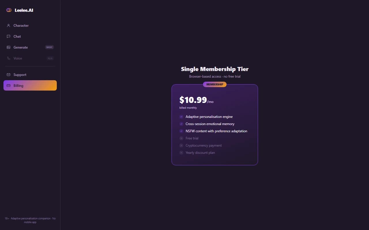 Leelee.AI pricing page showing the single $10.99 per month membership tier Leelee.AI pricing page showing the single $10.99 per month membership tier