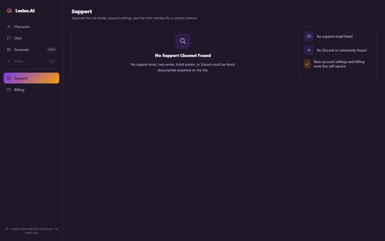 Leelee.AI support screen showing no support email, help center, or community channel could be found Leelee.AI support screen showing no support email, help center, or community channel could be found
