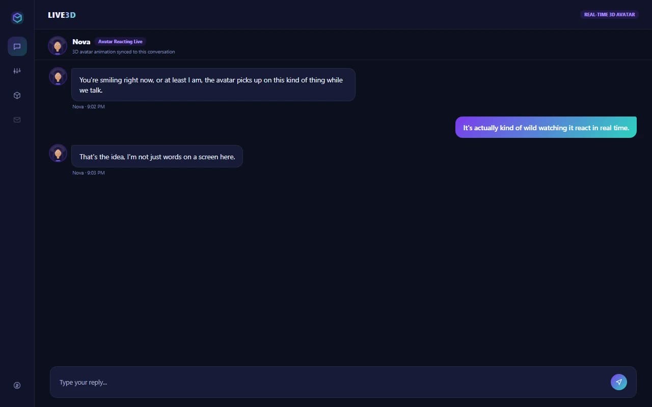 Live3D chat interface showing a conversation with an animated 3D avatar companion Live3D chat interface showing a conversation with an animated 3D avatar companion