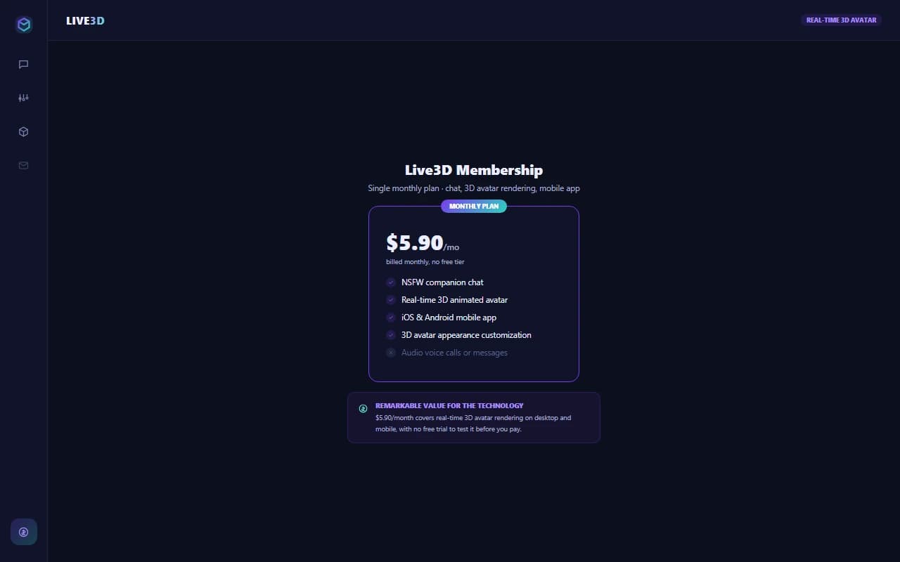 Live3D pricing page showing the single $5.90 per month plan Live3D pricing page showing the single $5.90 per month plan