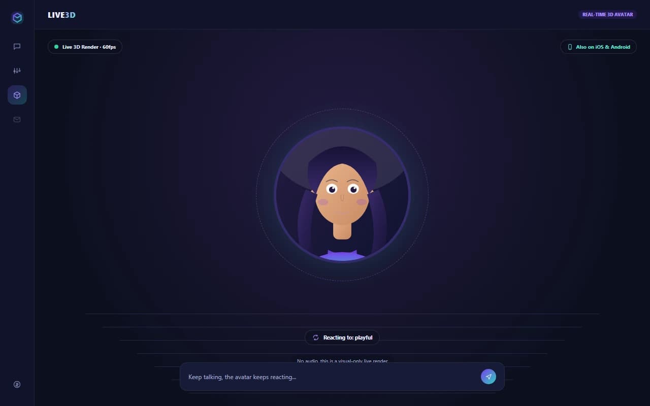Live3D 3D viewport screen showing a live animated avatar rendering and reacting during conversation Live3D 3D viewport screen showing a live animated avatar rendering and reacting during conversation